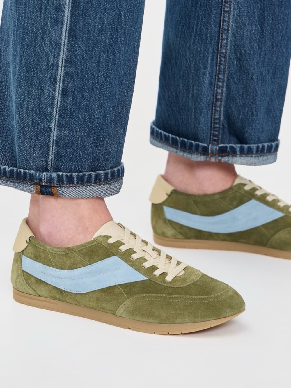 Vince LA Runner Sneakers Women 8.5 EU 39 Olive Green Blue Suede Gum Sole